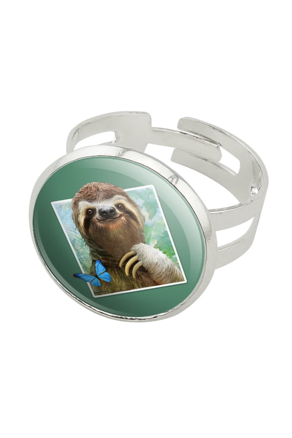 Sloth Selfie Picture Silver Plated Adjustable Novelty Ring