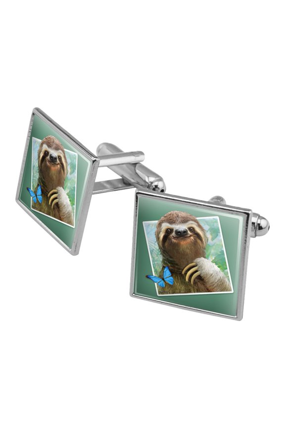 Sloth Selfie Picture Square Cufflink Set - Silver or Gold