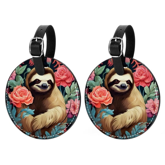 Sloth Set of 2pcs PU Leather Round Suitcase Tags with Privacy Cover and Name ID Tag - Ideal for Travel Luggage, Handbags, Backpacks, School Bags