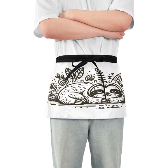 Sloth Sleeps with Leaves Server Apron with 3 Pockets Waterproof Waitress Waist Short Apron for Man Woman 12 Inches