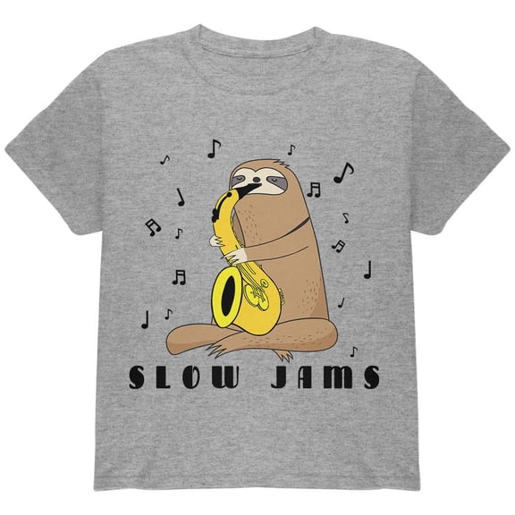 Sloth Slow Jams Funny Pun Saxophone Youth T Shirt Heather YMD