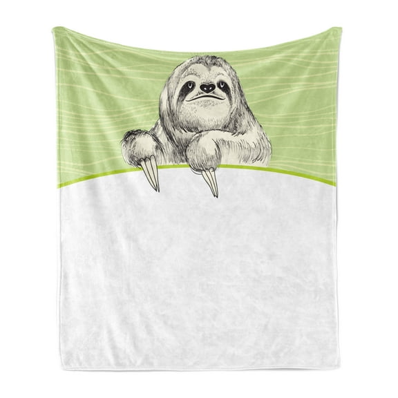 Sloth Soft Flannel Fleece Blanket, Hand Drawn Sluggish Animal Sloth on Green Abstract Background Curved Line, Cozy Plush for Indoor and Outdoor Use, 70" x 90", Pistachio Green Black, by Ambesonne