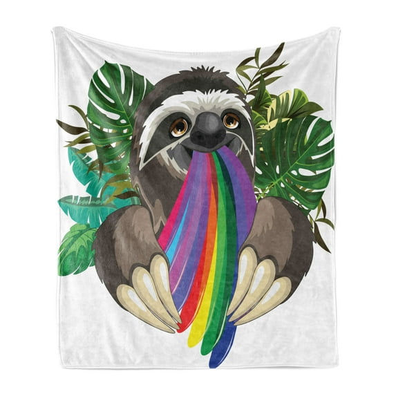 Sloth Soft Flannel Fleece Blanket, Indolent Jungle Animal Spitting Rainbow Colors on Banana Leaves Backdrop Happy Mood, Cozy Plush for Indoor and Outdoor Use, 50" x 70", Multicolor, by Ambesonne