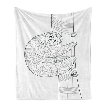 Sloth Soft Flannel Fleece Throw Blanket, Sloth Animal Outline on Branch with Ornate Details Swirled Elements, Cozy Plush for Indoor and Outdoor Use, 50" x 70", Black White, by Ambesonne