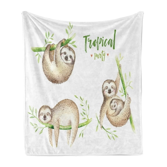 Sloth Soft Flannel Fleece Throw Blanket, Babies in Tropical Nature Theme Exotic Palm Tree Leaves Nursery Aloha, Cozy Plush for Indoor and Outdoor Use, 50" x 70", Pale Brown Green, by Ambesonne