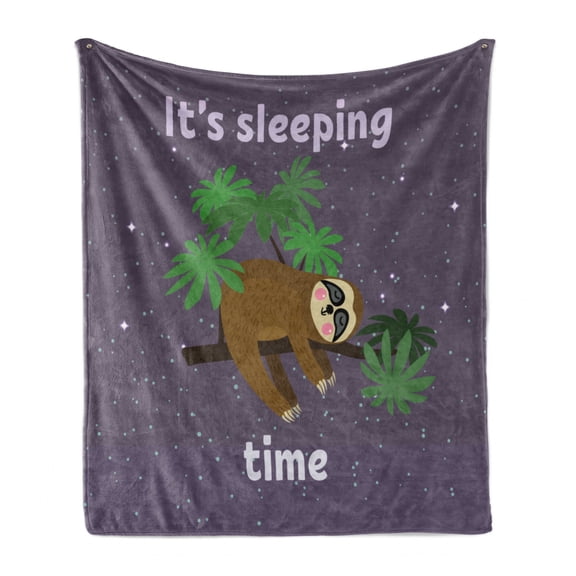 Sloth Soft Flannel Fleece Throw Blanket, Cartoon Character Sleeping on Branch Jungle Animal in Night Sky Kids Theme, Cozy Plush for Indoor and Outdoor Use, 70" x 90", Plum Brown Green, by Ambesonne