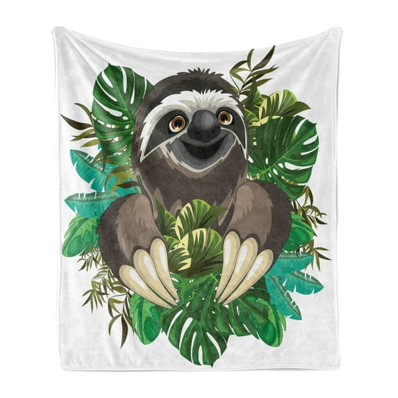 Sloth Soft Flannel Fleece Throw Blanket, Cartoon Mammal on Tropical Jungle Green Banana Leaves Character, Cozy Plush for Indoor and Outdoor Use, 60" x 80", Chocolate Green Ivory, by Ambesonne