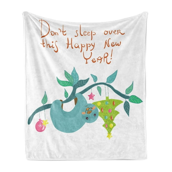 Sloth Soft Flannel Fleece Throw Blanket, Childish Doodle of Funny Mammal and Christmas Tree Comic New Year Phrase Artwork, Cozy Plush for Indoor and Outdoor Use, 60" x 80", Multicolor, by Ambesonne