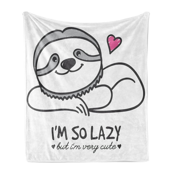 Sloth Soft Flannel Fleece Throw Blanket, Im So Lazy but Very Hand Drawn Animal Heart Shape Funny Doodle Artwork, Cozy Plush for Indoor and Outdoor Use, 50" x 70", Grey Pink, by Ambesonne