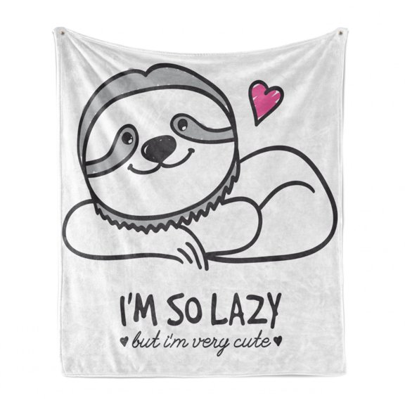 Sloth Soft Flannel Fleece Throw Blanket, Im So Lazy but Very Hand Drawn Animal Heart Shape Funny Doodle Artwork, Cozy Plush for Indoor and Outdoor Use, 70" x 90", Grey Pink, by Ambesonne