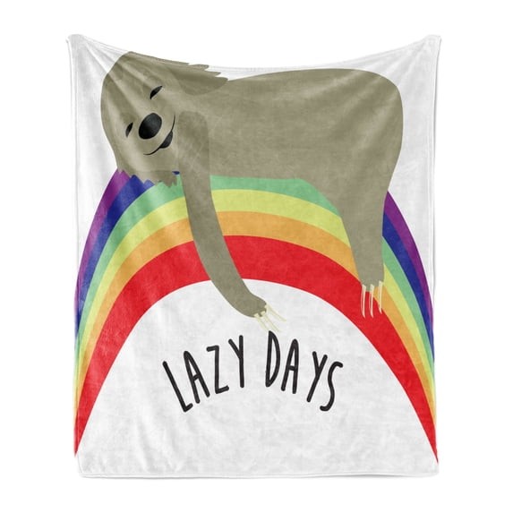 Sloth Soft Flannel Fleece Throw Blanket, Lazy Days Phrase with Carefree Sloth on Rainbow Happiness Relaxation Theme, Cozy Plush for Indoor and Outdoor Use, 50" x 70", Multicolor, by Ambesonne