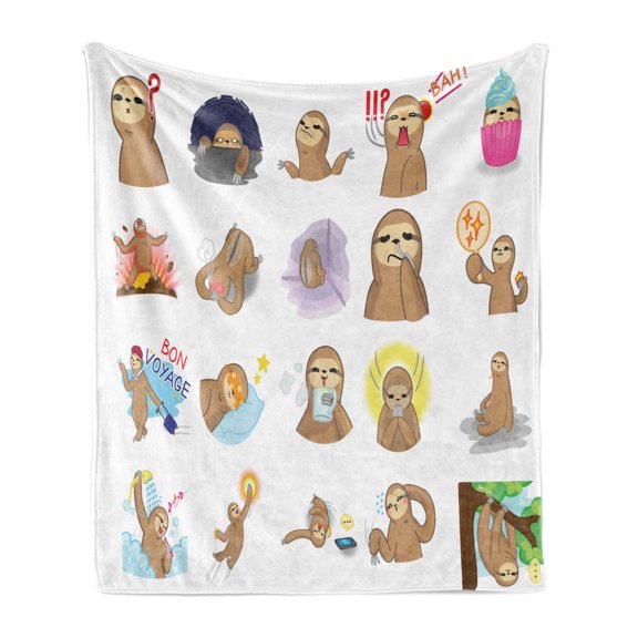 Sloth Soft Flannel Fleece Throw Blanket, Manga Style Sloth Characters with Different Expression and Poses Humorous Design, Cozy Plush for Indoor and Outdoor Use, 60" x 80", Multicolor, by Ambesonne