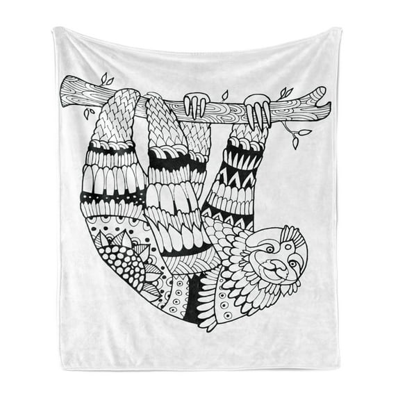 Sloth Soft Flannel Fleece Throw Blanket, Sloth with Ornamental Details Tropical Animal in Style, Cozy Plush for Indoor and Outdoor Use, 70" x 90", Black White, by Ambesonne