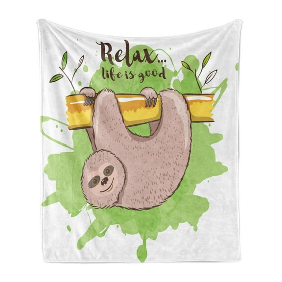 Sloth Soft Flannel Fleece Throw Blanket, Relax Life is Inspirational Illustration of Tropical Mammal on Tree Branch, Cozy Plush for Indoor and Outdoor Use, 50" x 70", Green Tan Yellow, by Ambesonne