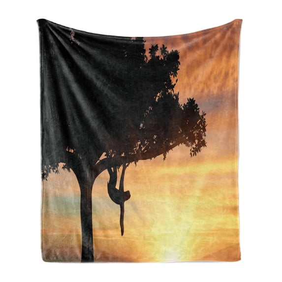 Sloth Soft Flannel Fleece Throw Blanket, Sunset View at Nature Reserve Exotic Animal Hangs on Big Tree Fauna Jungle, Cozy Plush for Indoor and Outdoor Use, 70" x 90", Peach Black Yellow, by Ambesonne