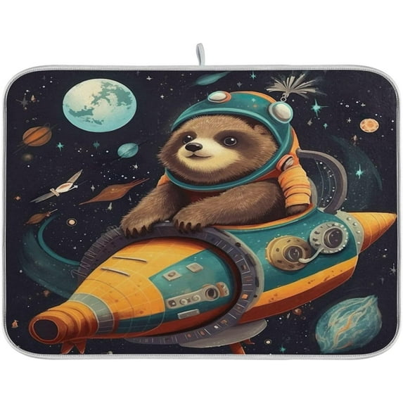 Sloth Space Planet Dish Drying Mat for Kitchen Counter, Ultra Absorbent Reversible Microfiber Dishes Drying Rack Pad Heat-resistant Mats 18x24in Home Decor