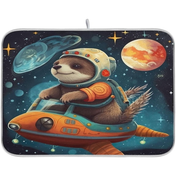 Sloth Space Planet Dish Drying Mat for Kitchen Counter, Ultra Absorbent Reversible Microfiber Dishes Drying Rack Pad Heat-resistant Mats 18x24in