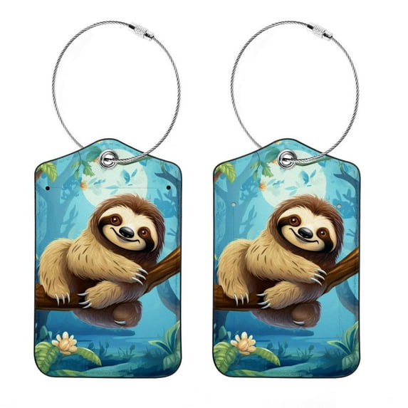 Sloth Square PU Leather Luggage Tags, 2 Pack, with Privacy Cover and Stainless Steel Ring - Suitable for Travel, Backpack, Handbag - Bag Tags, Handbag Tags