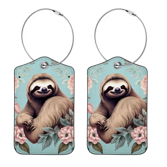 Sloth Square PU Leather Luggage Tags - 2 Pack with Privacy Cover and Stainless Steel Ring - Suitable for Travel, Backpack, Handbag - Suitcase Tags, Travel Tag