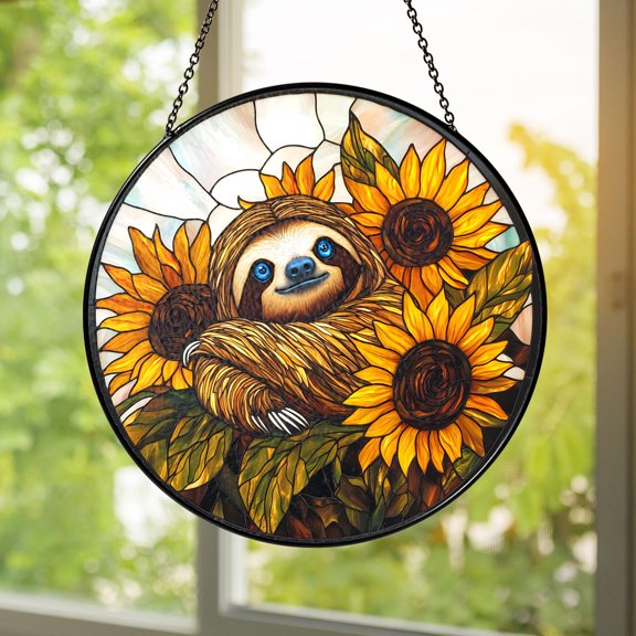 Sloth Stained Glass Suncatcher Sunflower Window Hanging Boho Rustic Farmhouse Decor Handmade Gift for Sloth Lovers