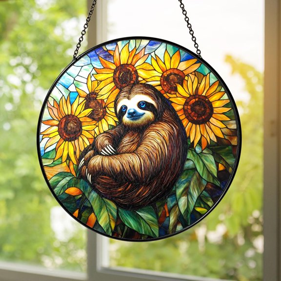 Sloth Stained Glass Suncatcher Sunflower Window Hanging Home Decor Cute Animal Lover Gift Rustic Farmhouse Boho