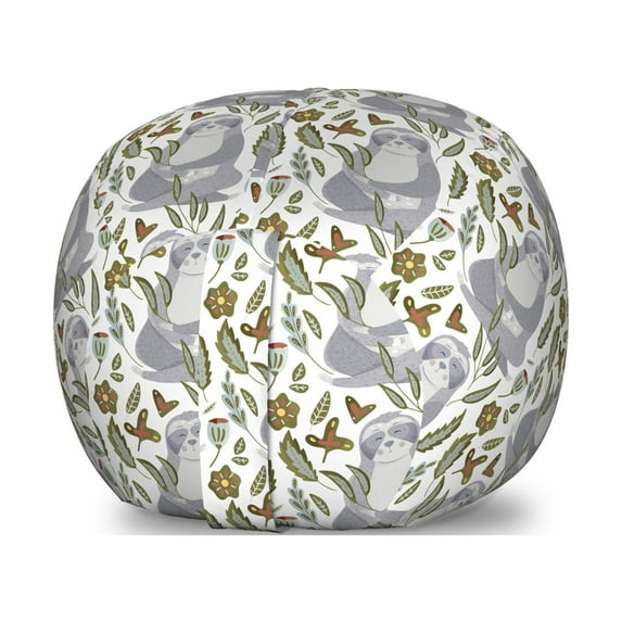 Sloth Storage Toy Bag Chair, Lazy Animal and Autumn Botany Watercolor Design Pattern on Plain Backdrop, Stuffed Animal Organizer Washable Bag, Small Size, White and Multicolor, by Ambesonne