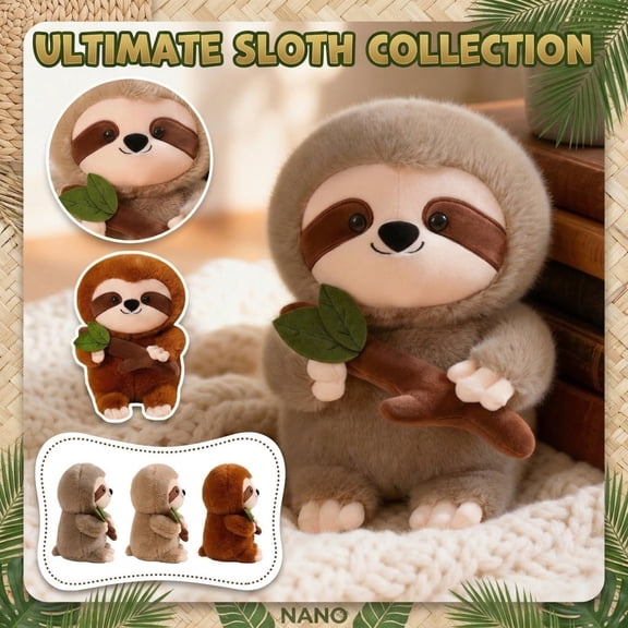 Sloth Stuffed Animal, Sloth Plush, Plush Toy, 12 In, Brown, Squeeze Toy, Huggable Stuffed Animal, Leaf Detail, Student Toy, Kids Toy, Plushie, GiftforKids, 1 Pc