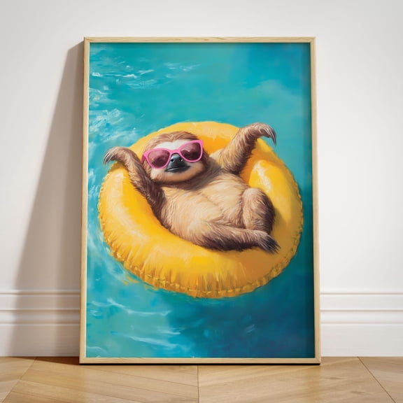 Sloth Summer Poster, Pool Party Decoration, Sloth Beach, Coastal Animal Wall Art, Unframed Poster Size 8x12