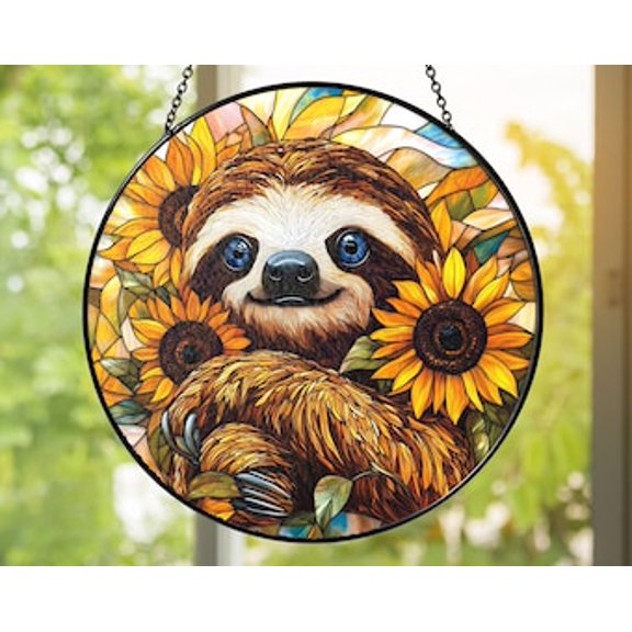 Sloth & Sunflower Glass Suncatcher – Cute Animal Window Hanging, Boho Jungle Glass Panel, Nature Lover Home Wall Décor, 6.3 in