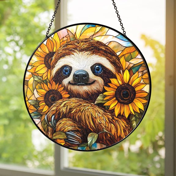 Sloth Sunflower Stained Glass Suncatcher Window Hanging Boho Jungle Cute Animal Home Decor Nature Lover