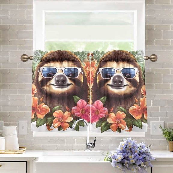 Sloth Sunglasses Flowers Floral Kitchen Curtains Half Tier Curtain 2 Rod Pockets Bathroom Bedroom Cupborad Living Room 27"x36"