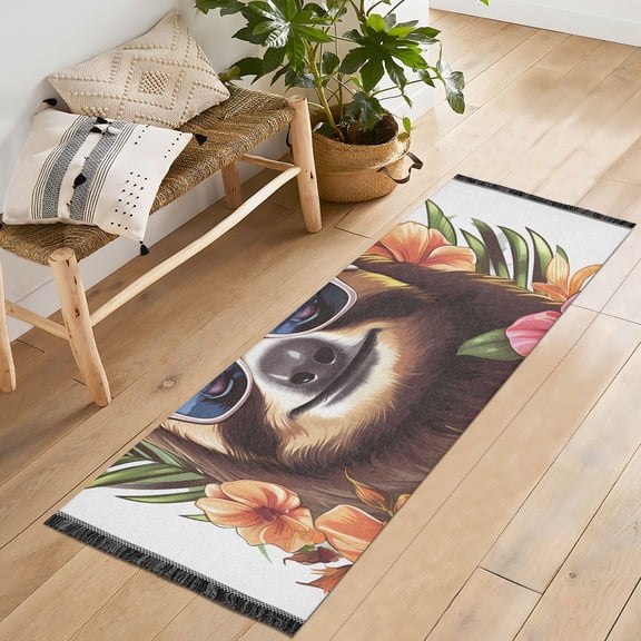 Sloth Sunglasses Flowers Floral Runner Rug Machine Washable Area Rugs Carpet Non Slip Entryway Mat for Bedroom Entryway Front Door