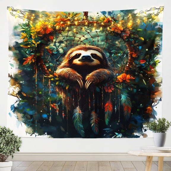 Sloth Tapestry for Bedroom Dream Catchers Tapestries,Boho Floral Feather Wall Tapestry Aesthetic Small 51x59,Woodland Animals Hanging Wall Art,Exotic Bohemian Decor
