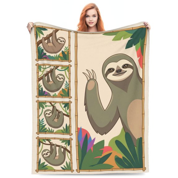 Sloth Throw Blanket, Artistic Jungle Bed Decor, Plush Flannel Throw for Couch, Best Gift for Animal Lovers, Modern Bedding Set 60x50