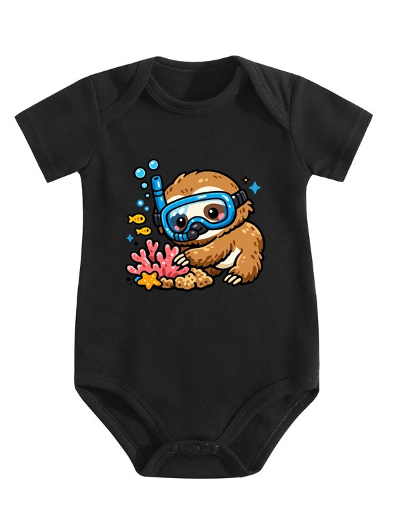 Sloth Touching Coral Underwater Baby Bodysuit, 100% Cotton Short Sleeve Snap Romper, 0-12 Months