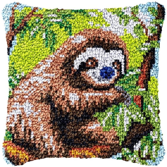 Sloth Trees Latch Hook Pillow Cover Kits for DIY Handmade Throw Pillow Cross Stitch Latch Hook Pillowcase Rug Kits with Preprinted Color Pattern Canvas Crochet Yarn Kits 17''X 17''(bs119)