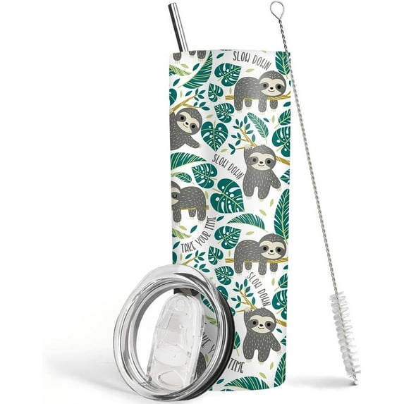 Sloth Tumbler 20 oz Travel Coffee Mug Print Skinny Tumblers with Lid and Straw Stainless Steel Insulated Coffee Cups Sloth Lovers Gifts for Women Girls