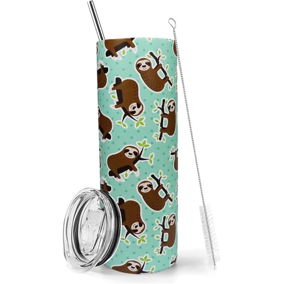 Sloth Tumbler Sloth Gifts for Women 20oz Insulated Sloth Tumbler With Lid and Straw Stainless Steel Sloth Skinny Tumbler Water Bottle Travel Mug Wine Cups