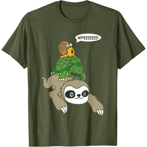 Sloth Turtle Snail Piggyback Animal Running Wild Unisex T-Shirt for Men Women Kids Toddler,Military Green Color,Size 3XL