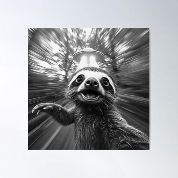 Sloth Ufo Freakout - Retro B&W Selfie Art For Lazy Alien Lovers Poster Wall Art, Modern Wall Decor For Living Room Bedroom, 24x24 UNFRAMED