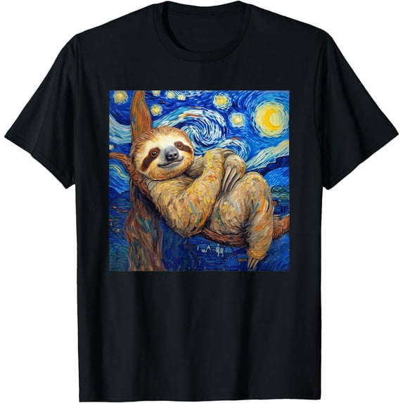 Sloth Van Gogh Style Starry Night Unisex T-Shirt for Men Women Kids Toddler,Black Color,Size 4XL