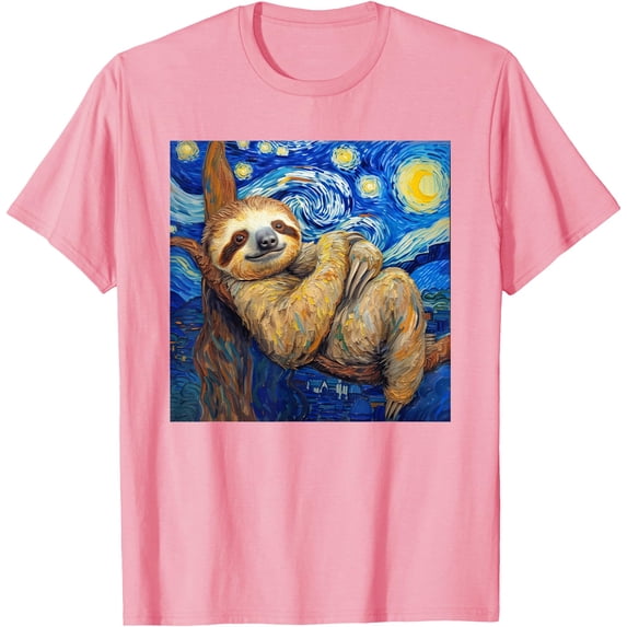 Sloth Van Gogh Style Starry Night Unisex T-Shirt for Men Women Kids Toddler,Light Pink Color,Size 4T