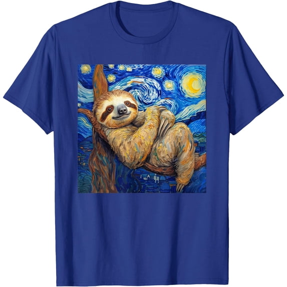 Sloth Van Gogh Style Starry Night Unisex T-Shirt for Men Women Kids Toddler,Royal Blue Color,Size XL