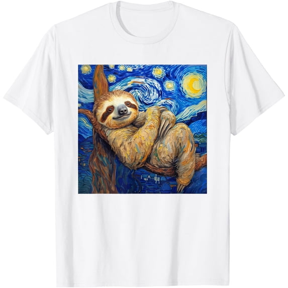 Sloth Van Gogh Style Starry Night Unisex T-Shirt for Men Women Kids Toddler,White Color,Size L
