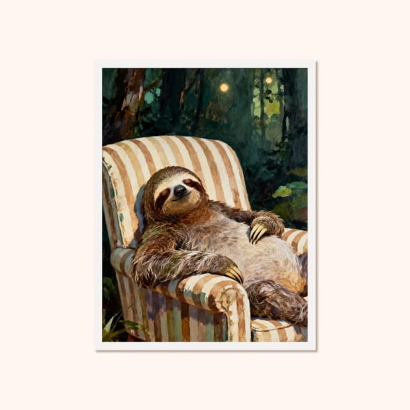 Sloth Wall Art, Whimsical Forest Armchair Unframed Paper Print
