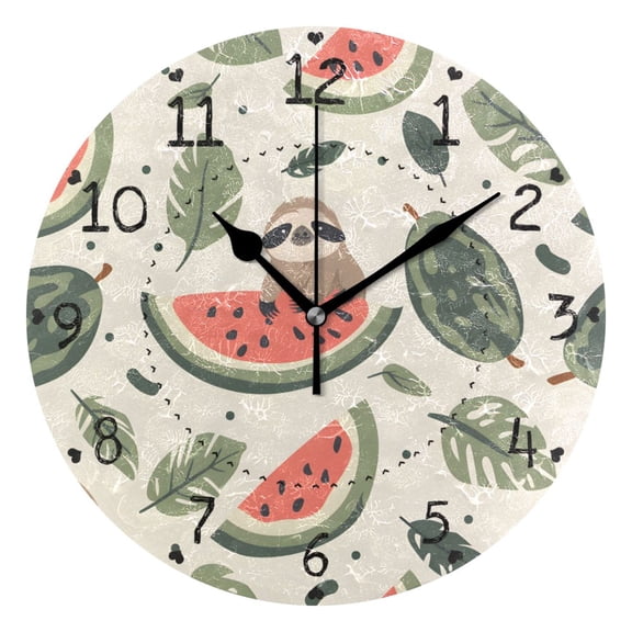 Sloth Watermelons Leaves Round Wall Clock Silent Analog Battery Operated Black Pointer Home Decor 9.84" Diameter
