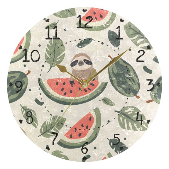 Sloth Watermelons Leaves Round Wall Clock Silent Analog Battery Operated Gold Pointer Home Decor 9.84" Diameter