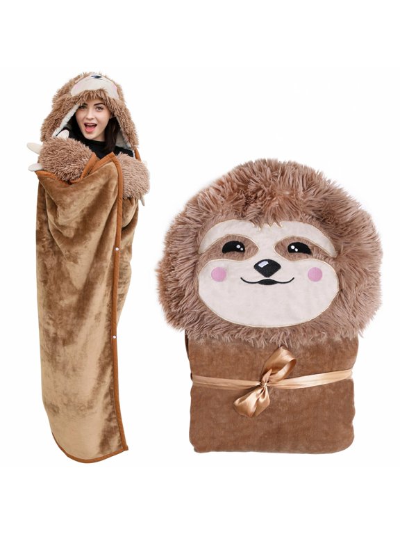 Sloth Wearable Hooded Blanket – Warm and Cozy Oversized Blanket Hoodie with Sloth Claws Hand Gloves- Premium Sherpa and Soft Flannel Fleece Hoodie Blanket – Sloth Gifts for Women Adults and Kids