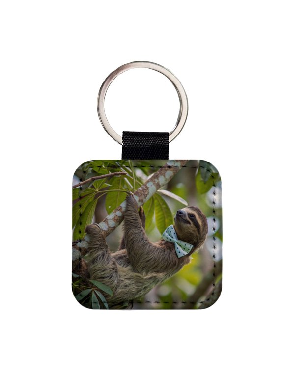 Sloth Wearing Bow Tie Funny Faux Leather Square Keychain