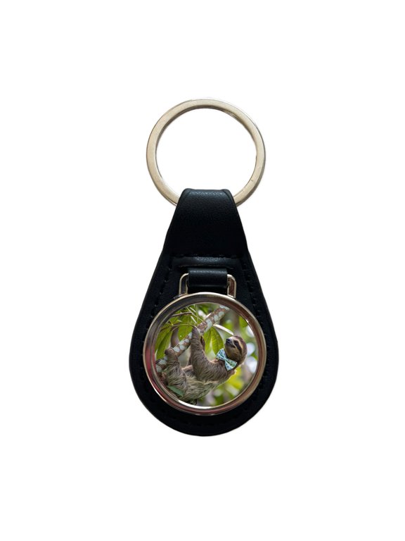 Sloth Wearing Bow Tie Funny Metal Black Leather Keychain